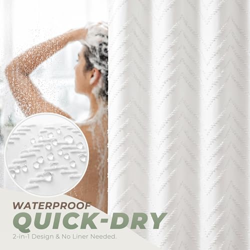 White Boho Fabric Shower Curtain view 4