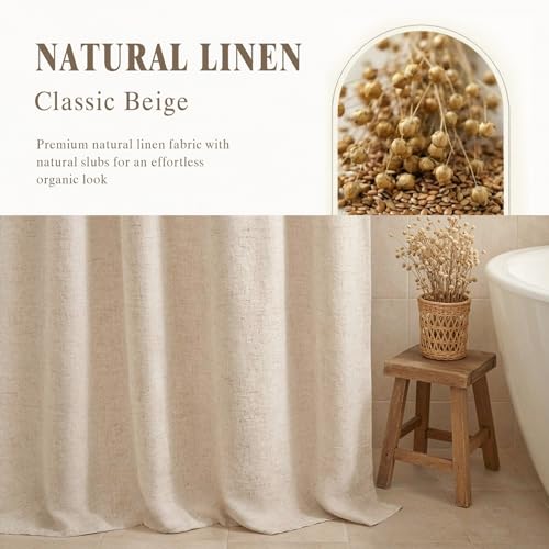 Linen Shower Curtain Beige Boho view 2