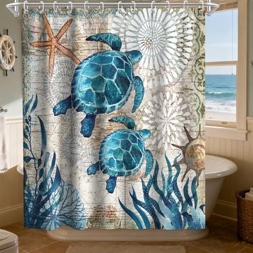 Nautical Green Sea Turtles Beach Theme Fabric Shower Curtain Blue Ocean Coastal 72x72 Teal