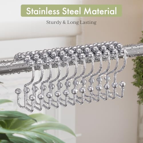Amazer Shower Curtain Hooks Rings Double Stainless Steel for Curtain and Liner Set of 12 Chrome