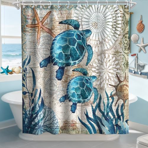 Nautical Green Sea Turtles Beach Theme Fabric Shower Curtain Blue Ocean Coastal 72x72 Teal