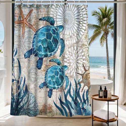 Nautical Green Sea Turtles Beach Theme Fabric Shower Curtain Blue Ocean Coastal 72x72 Teal