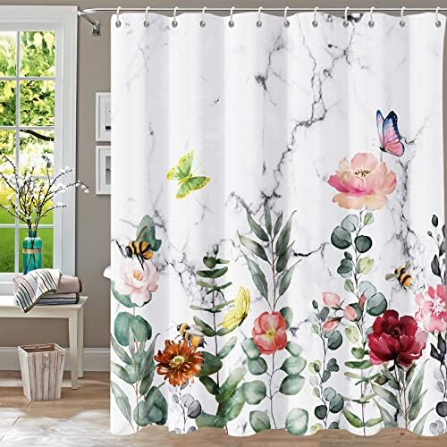Floral Shower Curtain Marble Flower Watercolor Plant Fabric Machine Washable 72x72