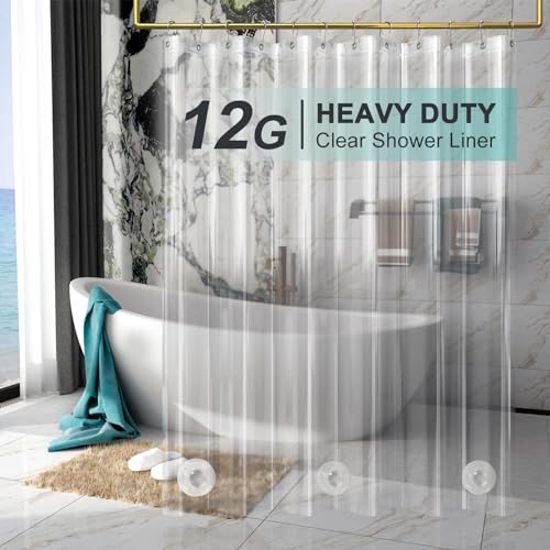 AmazerBath Heavy Duty Shower Curtain Liner 12 Gauge 72x72 Clear Weighted 3 Stones 12 Grommets