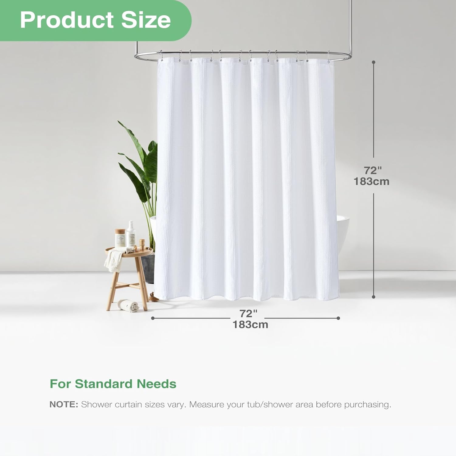Dynamene White Fabric Shower Curtain， Waffle Weave Heavy Duty Hotel Luxury Cloth Shower Curtains for Bathroom, 72 Inch 256GSM Weighted Bath Curtain Set with 12 Plastic Hooks,72x72
