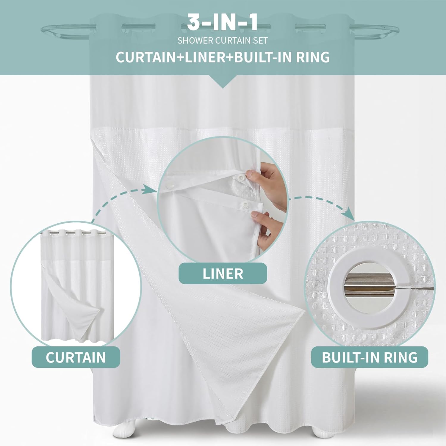 eachope White No Hook Waffle Weave Shower Curtain with snap-in Liner Replacement, 230GSM Waterproof Fabric Hotel Shower Curtain Set for Bathroom, Through Mesh Top Window,71Wx74H : Home & Kitchen