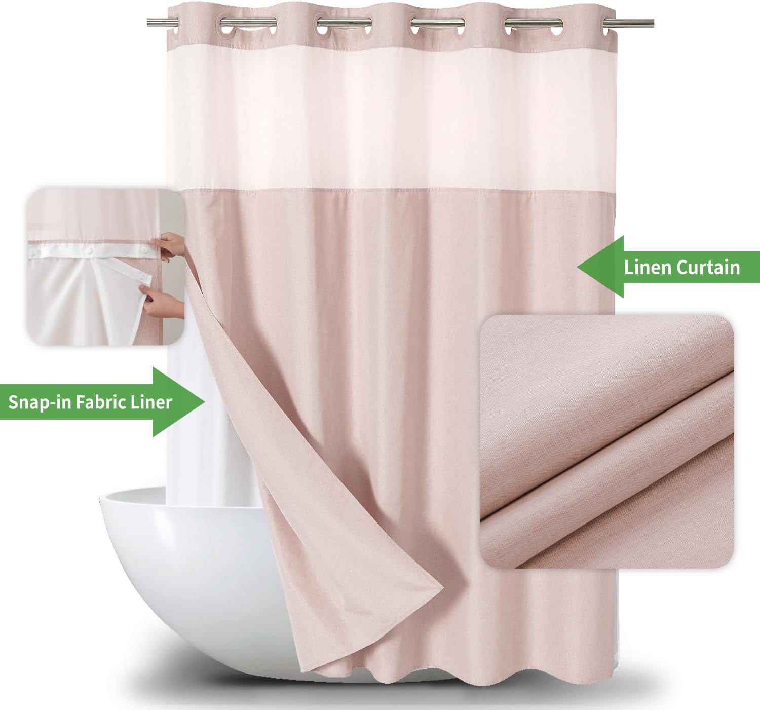 eachope No Hooks Needed Linen Textured Shower Curtain with Snap-in Fabric Liner Set,Blush Hotel Luxury Decor Shower Curtains for Bathroom with Mesh Top Window,Waterproof & Washable,71Wx74H