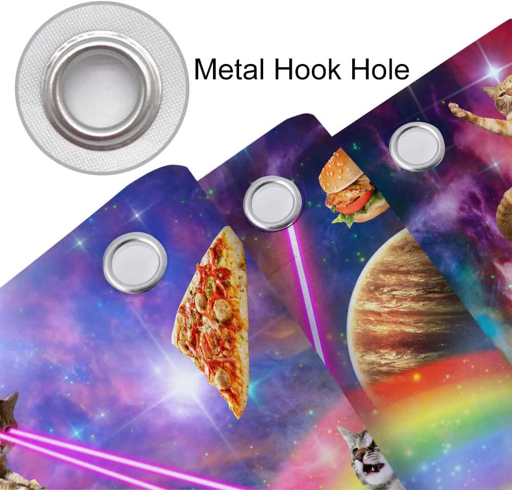 Cat dinosaur curtain hanging in bathroom