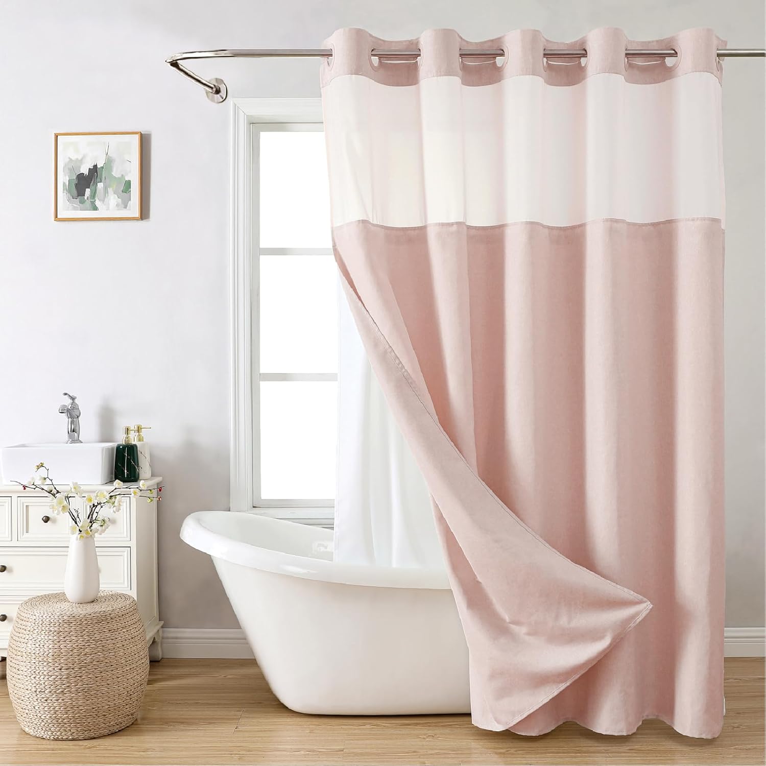 eachope No Hooks Needed Linen Textured Shower Curtain with Snap-in Fabric Liner Set,Blush Hotel Luxury Decor Shower Curtains for Bathroom with Mesh Top Window,Waterproof & Washable,71Wx74H