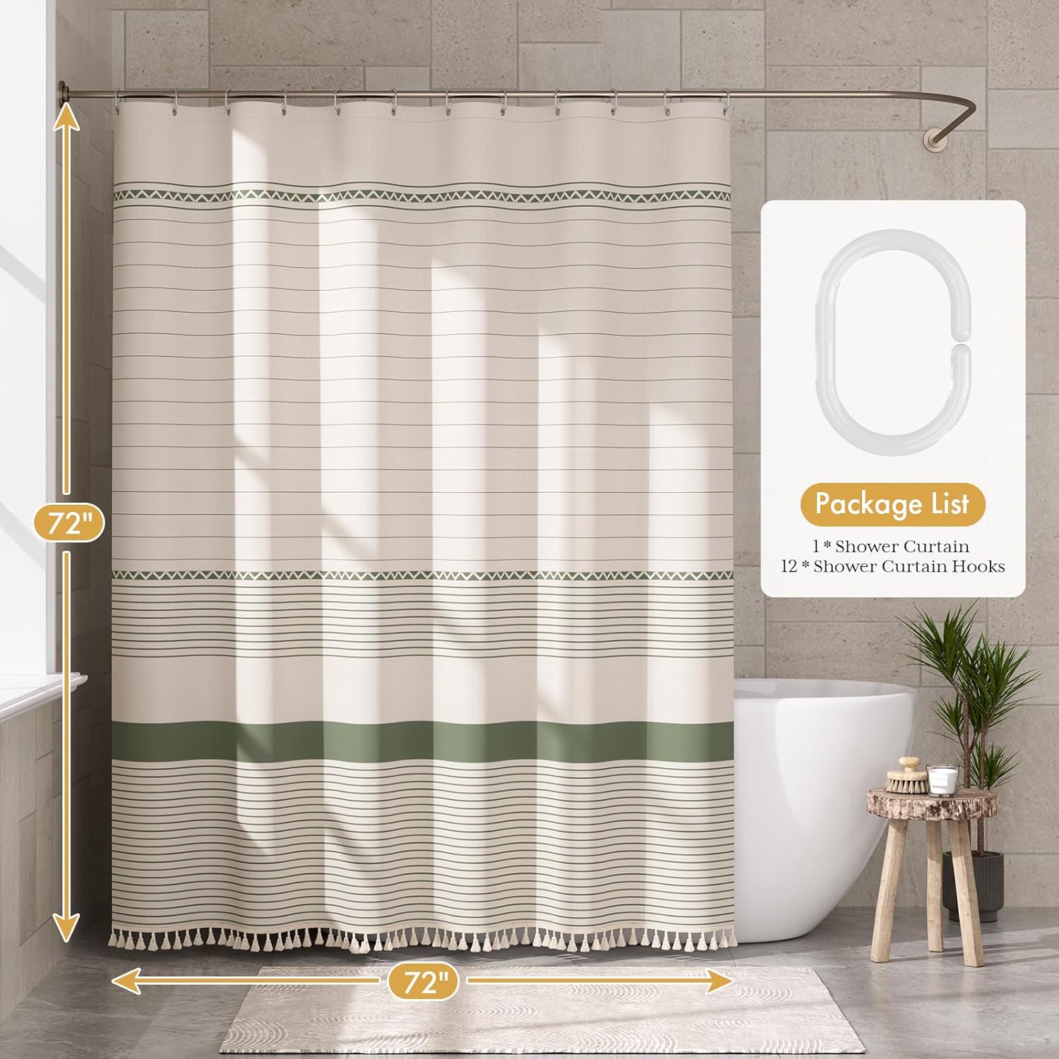 AmazerBath Boho Shower Curtain, Modern Farmhouse Shower Curtain Set with Tassels, Rustic Faux Linen Green Striped Shower Curtain with Hooks, Light Tan Toned, 72x72 Inches