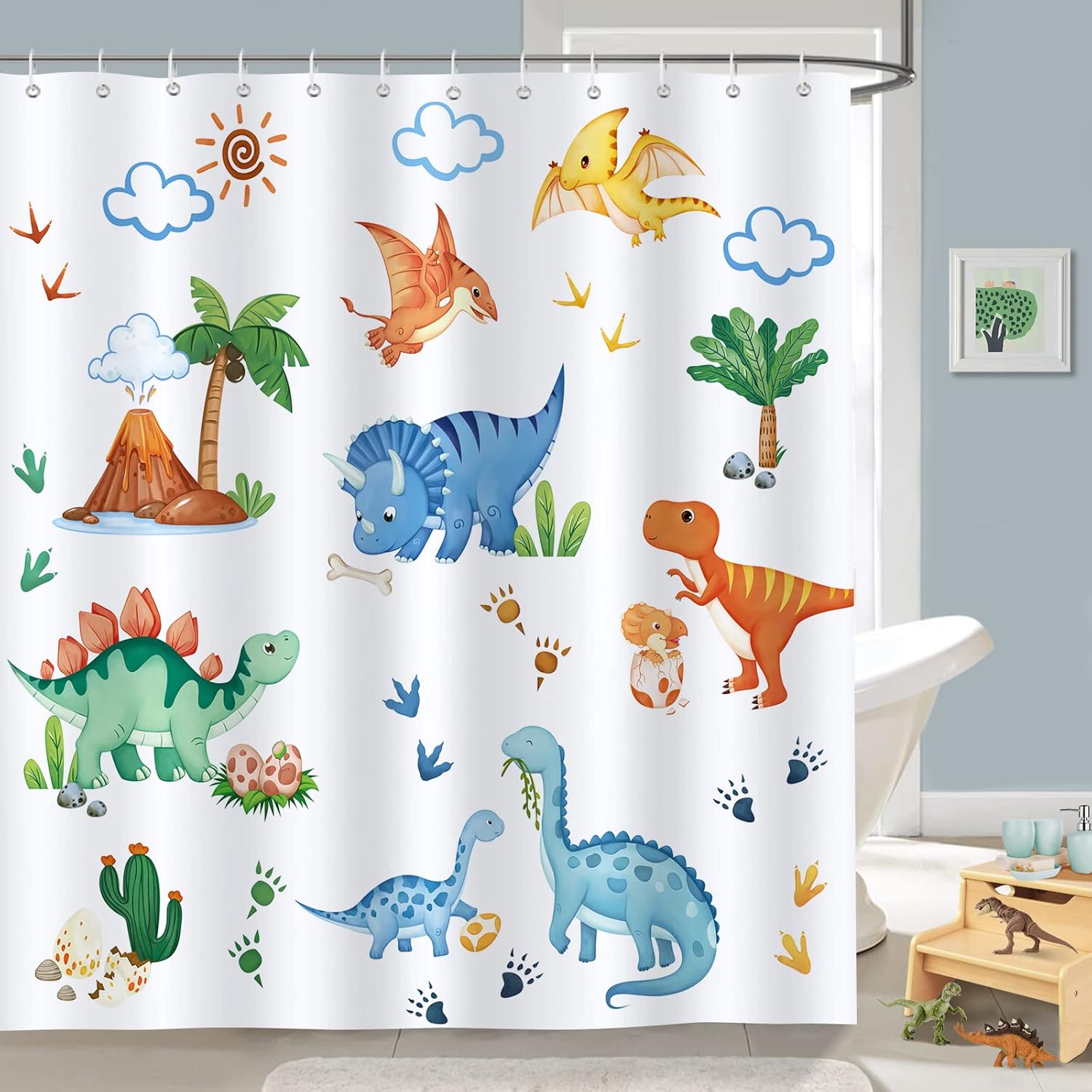 Bonhause Kids Dinosaur Shower Curtain, Cute Dino Jurassic 72x72 Waterproof