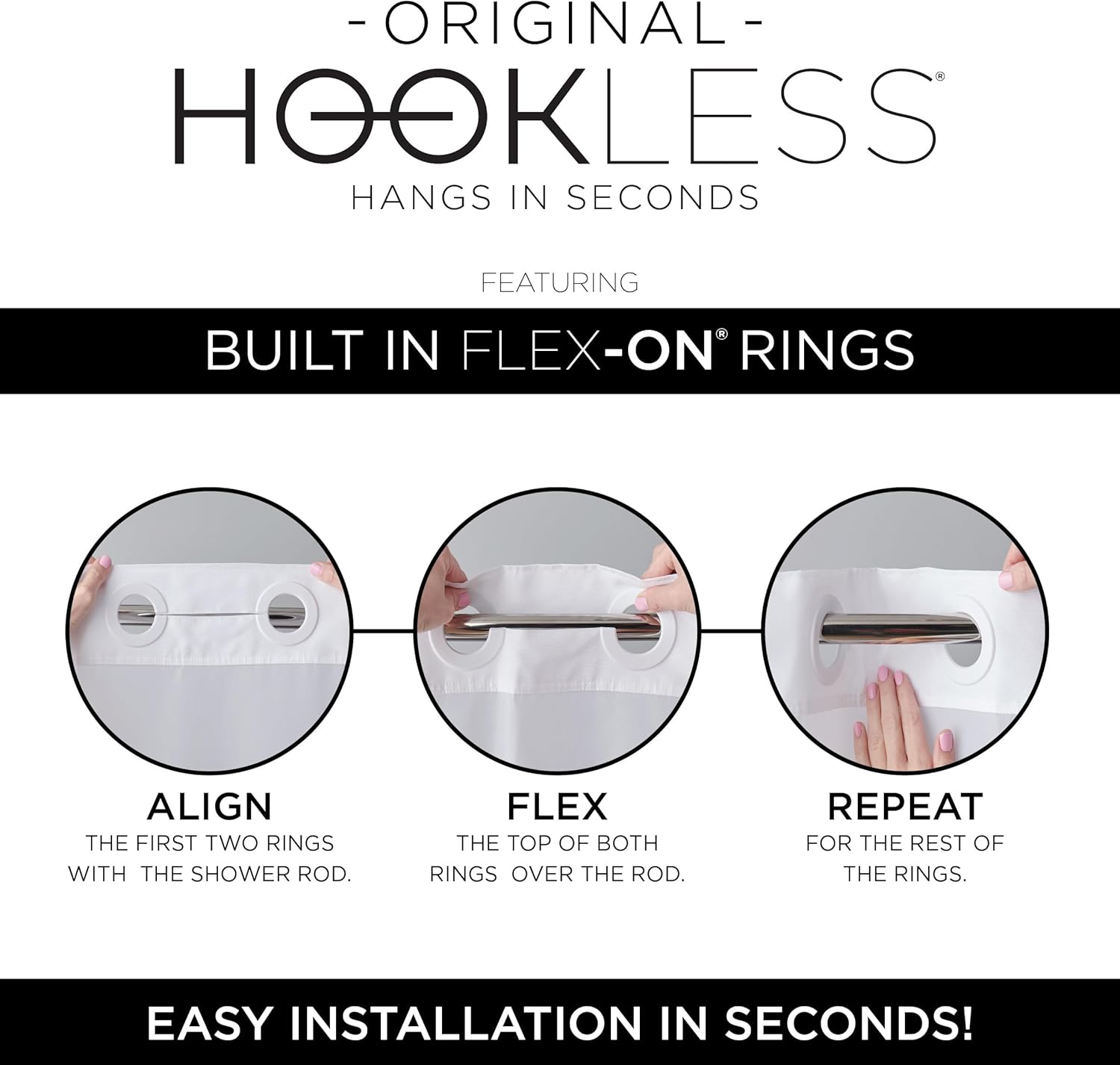 Hookless It’s A Snap! Waffle Shower Curtain, 3-in-1 Shower Curtain Includes Fabric Shower Curtain with Sheer Top Window, Flex-On Rings & Fabric Liner, 71” x 74”, Frost Grey