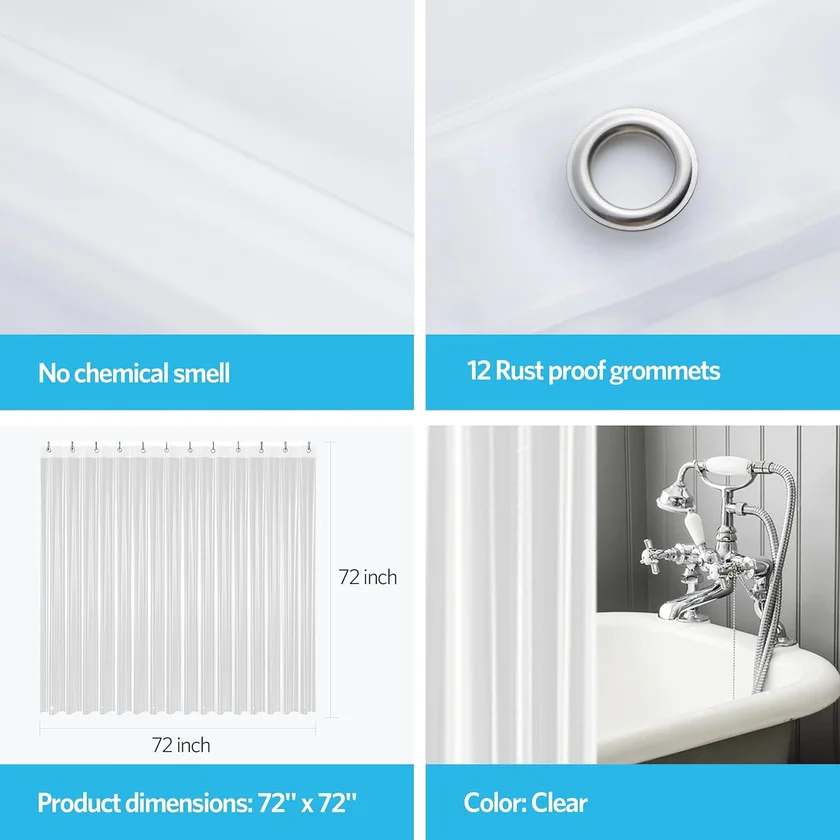 EHZNZIE Clear Shower Curtain Liner Light Weight PEVA, Shower Liner 72x72 Inches, Waterproof, No Chemical Smell with 12 Rust Proof Metal Grommets Holes for Bathroom Shower Curtain : Home & Kitchen