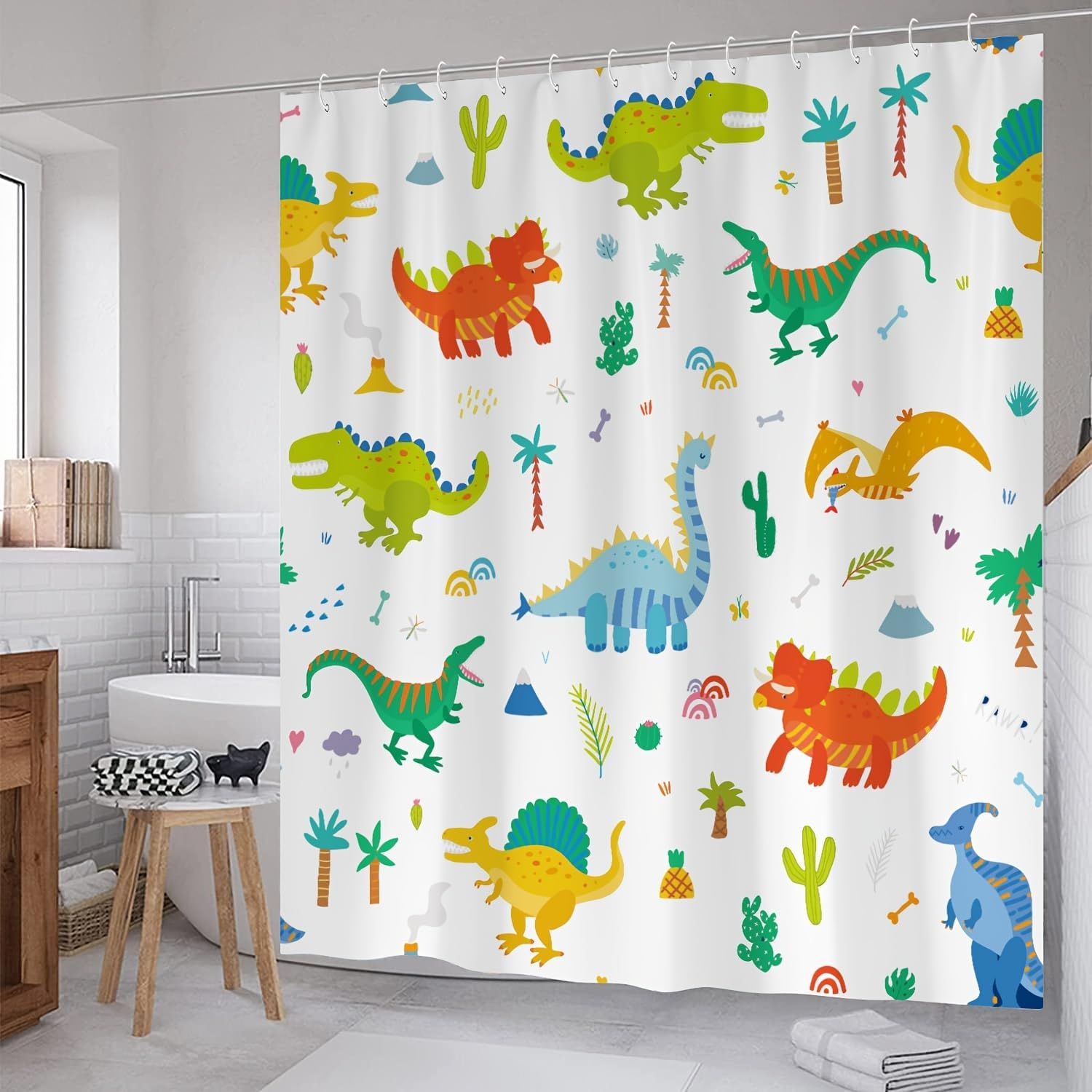 DDS-DUDES Dinosaur Bathroom Shower Curtain, Funny Dino for Kids 71x71