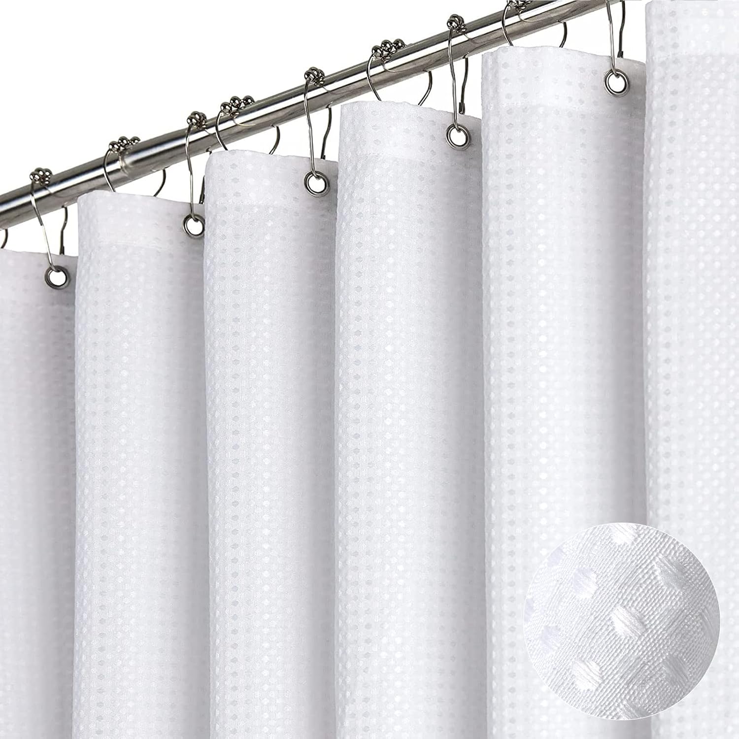 Dynamene White Fabric Shower Curtain, Waffle Weave Heavy Duty Hotel Luxury Cloth Shower Curtains for Bathroom, 72 Inch 256GSM Weighted Bath Curtain Set with 12 Plastic Hooks,72x72