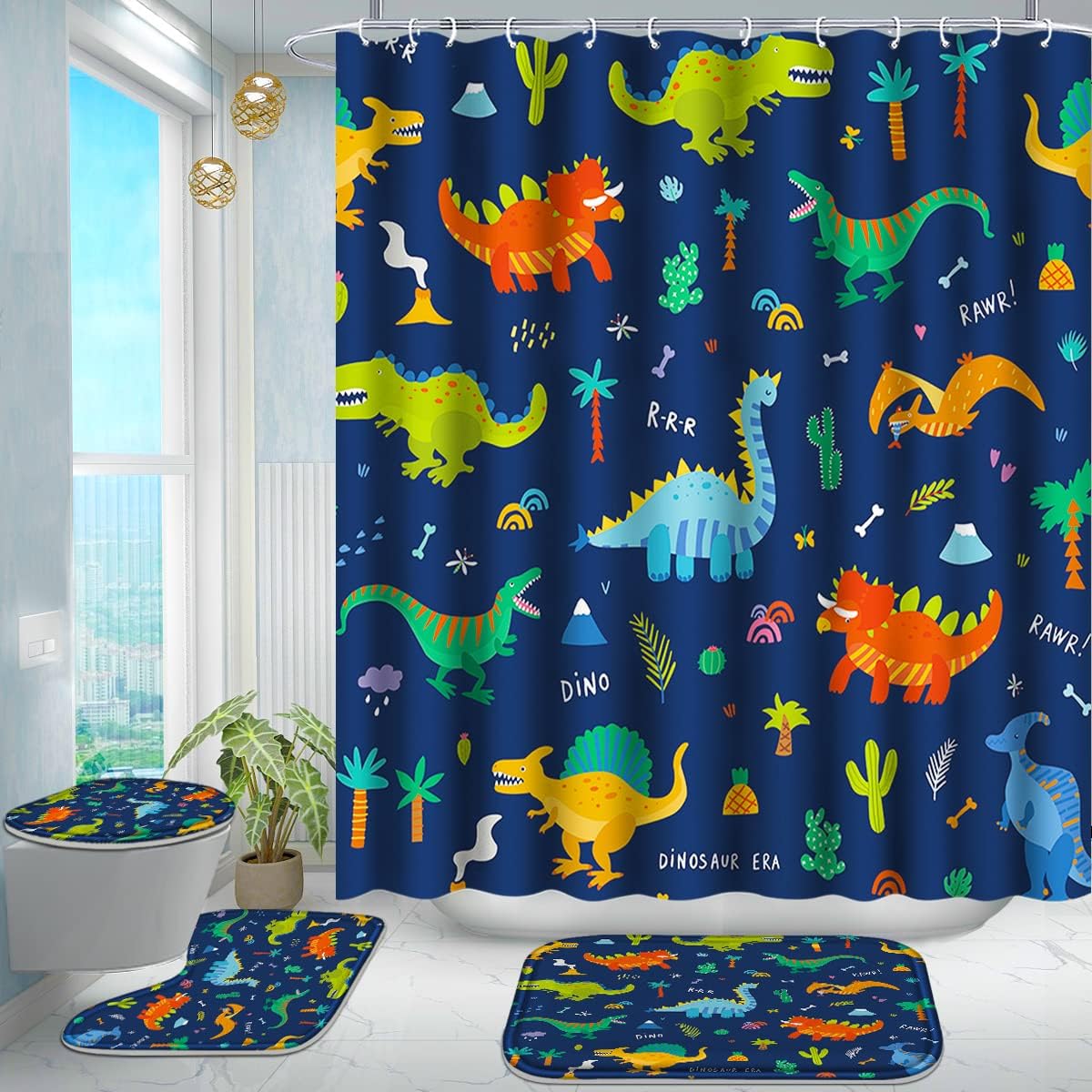 Poedist 4 Pcs Bathroom Shower Curtain Set, Kids Dark Blue Cartoon Dinosaur