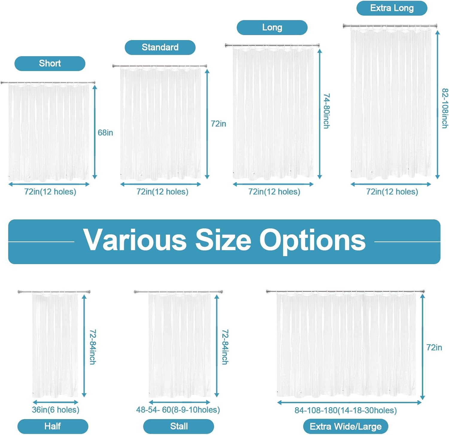 EurCross 9G Clear Shower Curtain Liner 72 x 78 inches Long with 5 Magnet Weights, Heavy Duty Weighted Premium PEVA Plastic Shower Curtain Liner with 12 Hooks for Bathroom