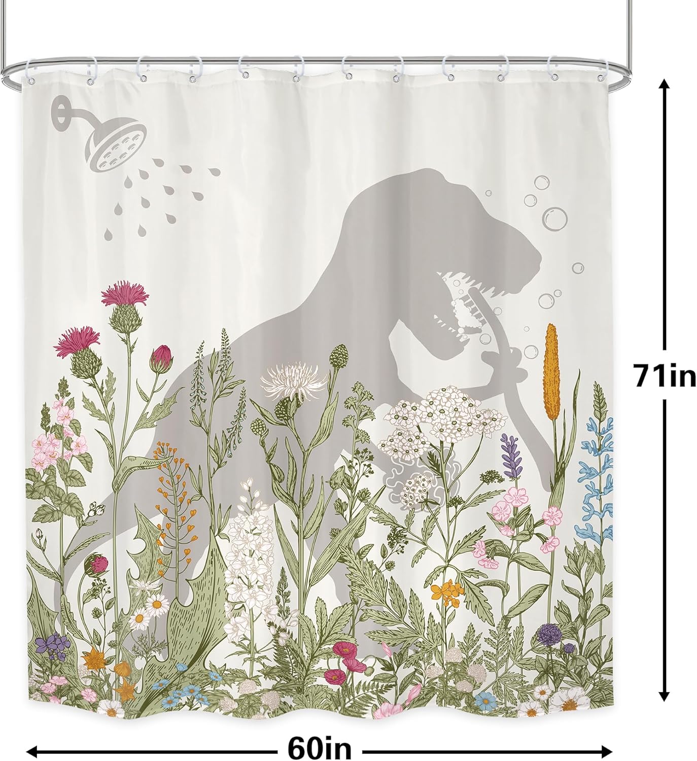 LGhtyro Dinosaur Wildflower Kids Shower Curtain 60Wx71H, Funny Dino Floral Botanical