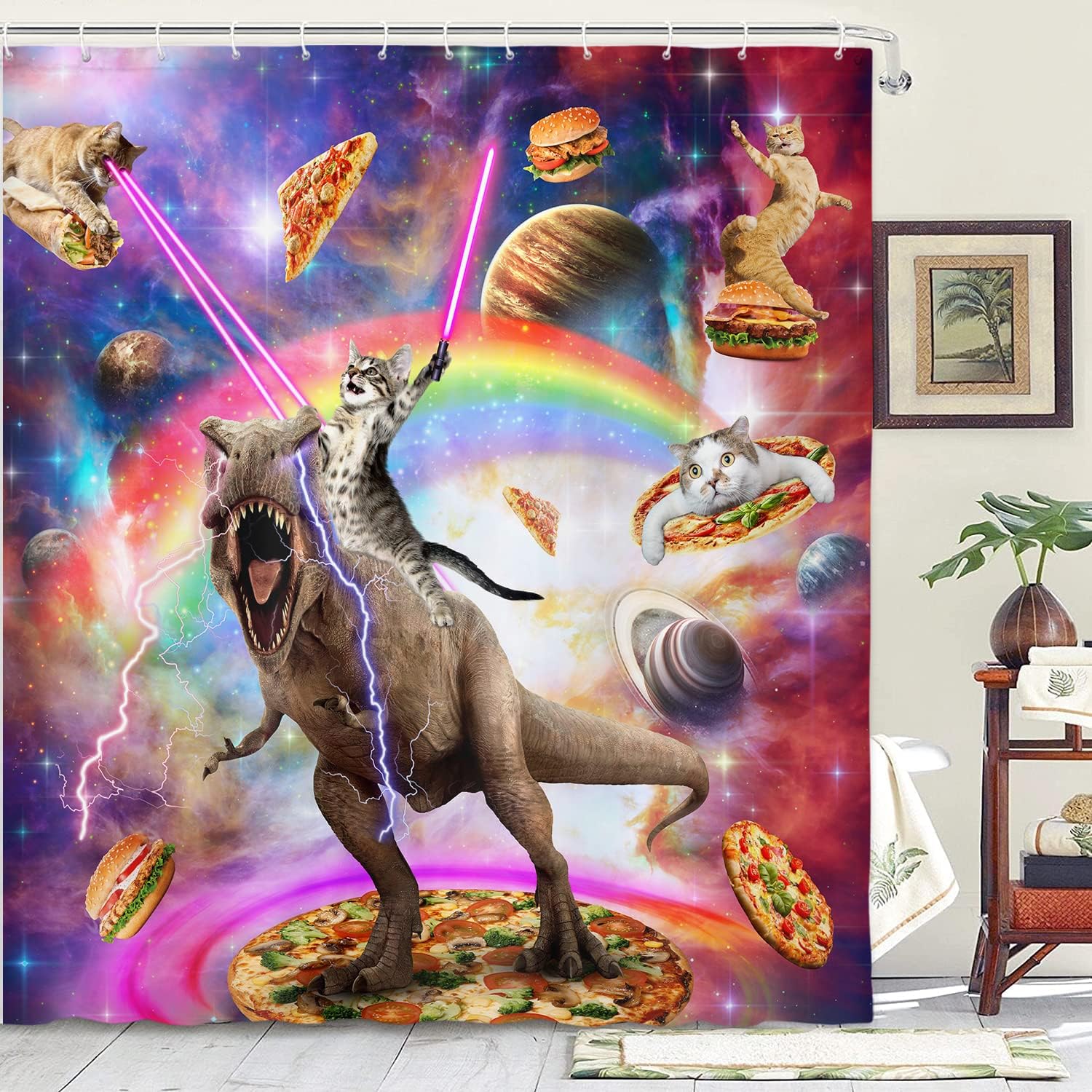 Funny Cat Riding Dinosaur on Galaxy Space Shower Curtain for Kids 70X70IN