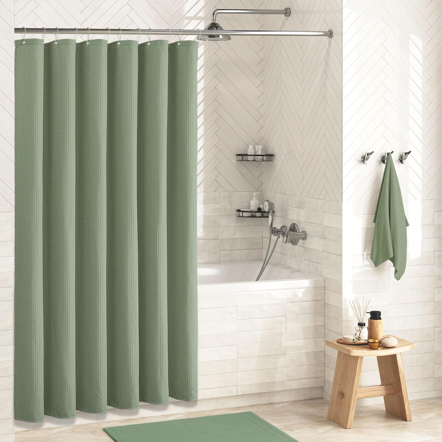 Dynamene Sage Green Shower Curtain waffle texture close-up