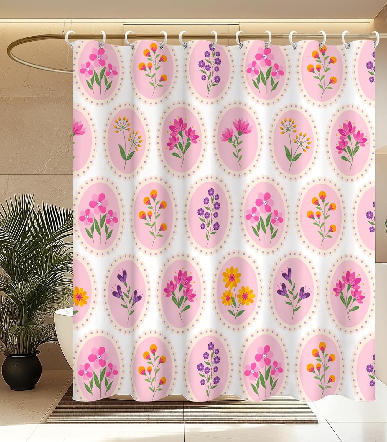 MAMUSE Shower Curtain for Bathroom - Cute Aesthetic Decorative Modern Girly Unique Girls Design Pretty Women Waterproof Fabric Cloth Cortinas de Baño Bathtub 72 x 72 Inch, Circle Flower