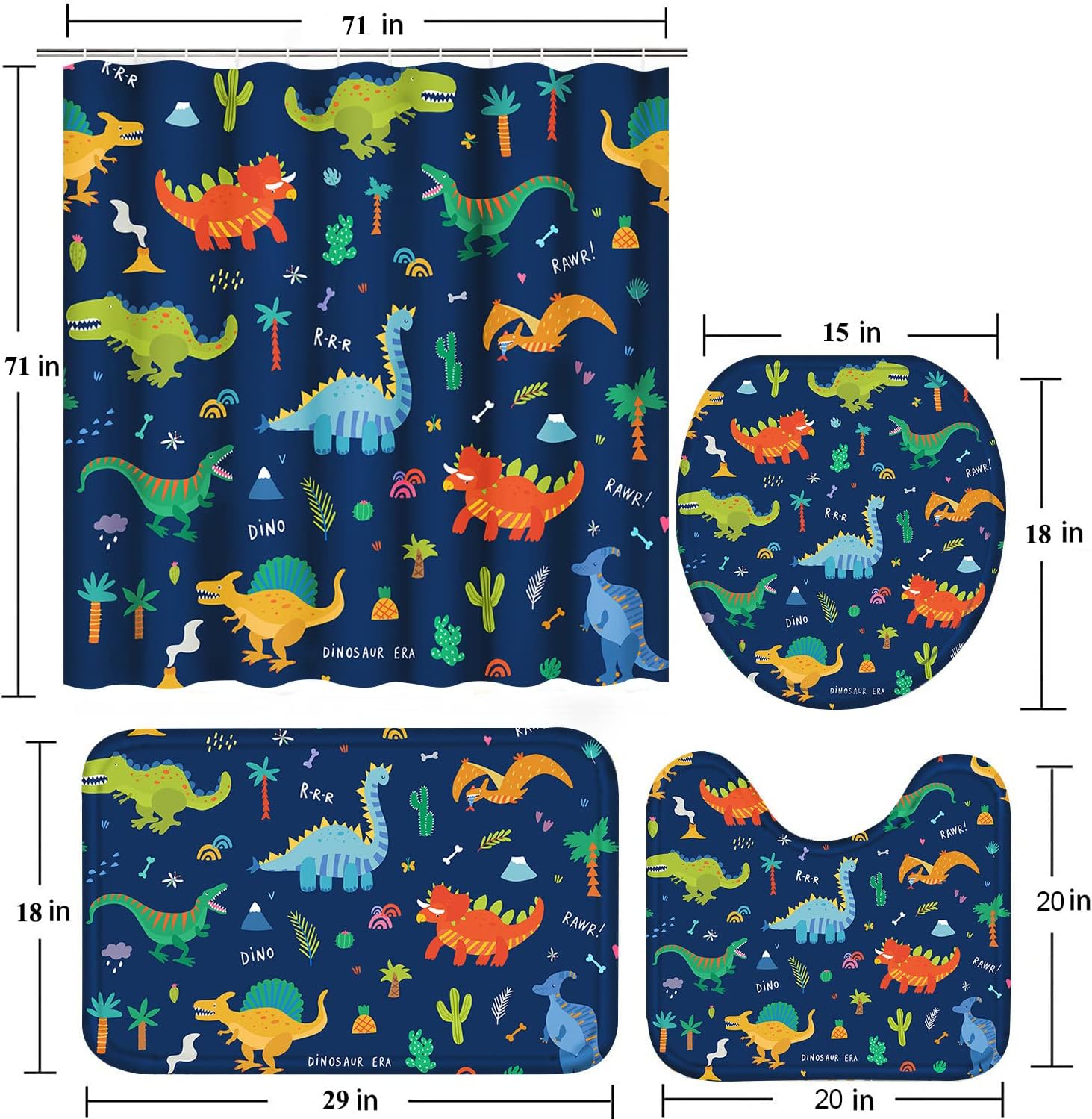Poedist 4 Pcs Bathroom Shower Curtain Set, Kids Dark Blue Cartoon Dinosaur