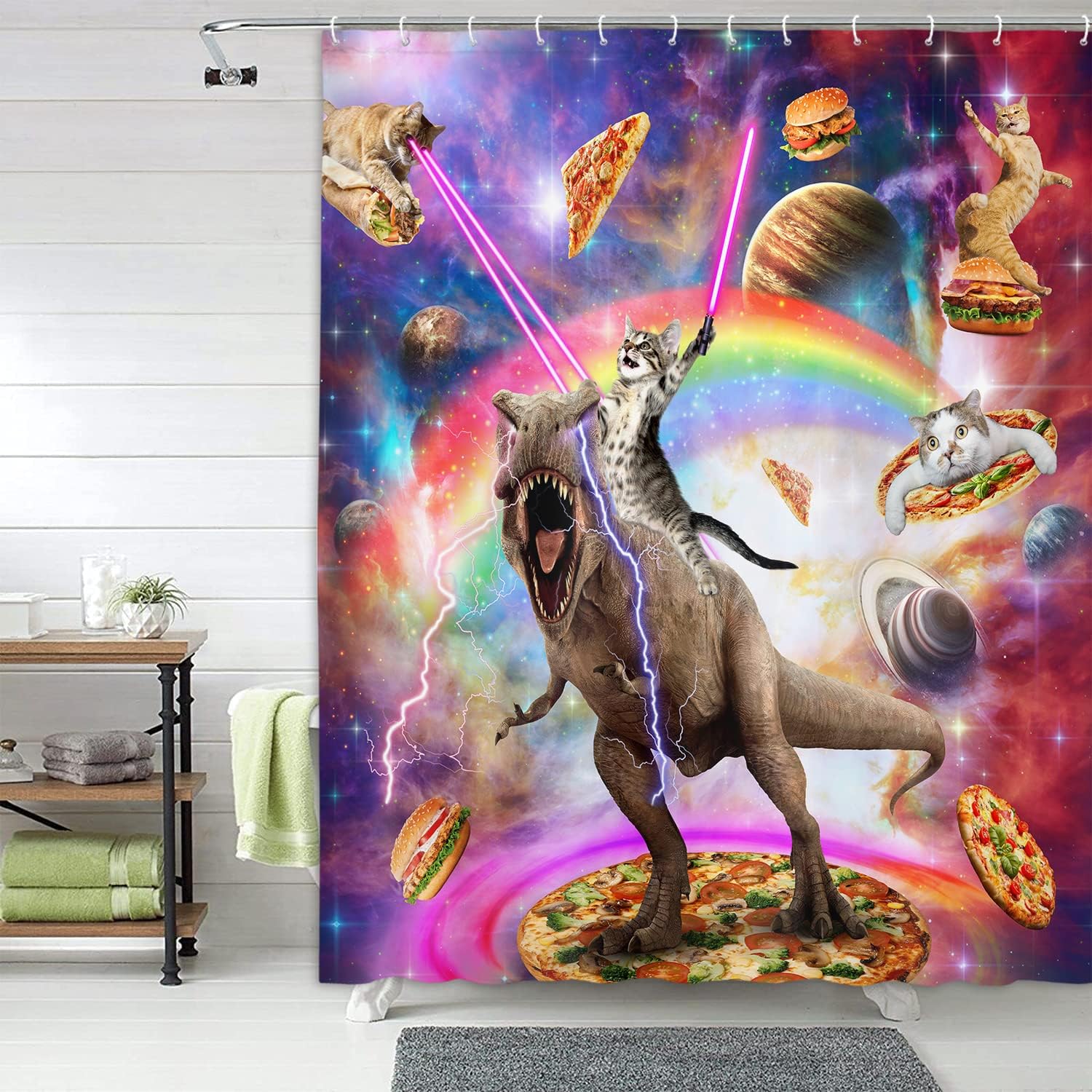 Cat dinosaur curtain fabric close-up