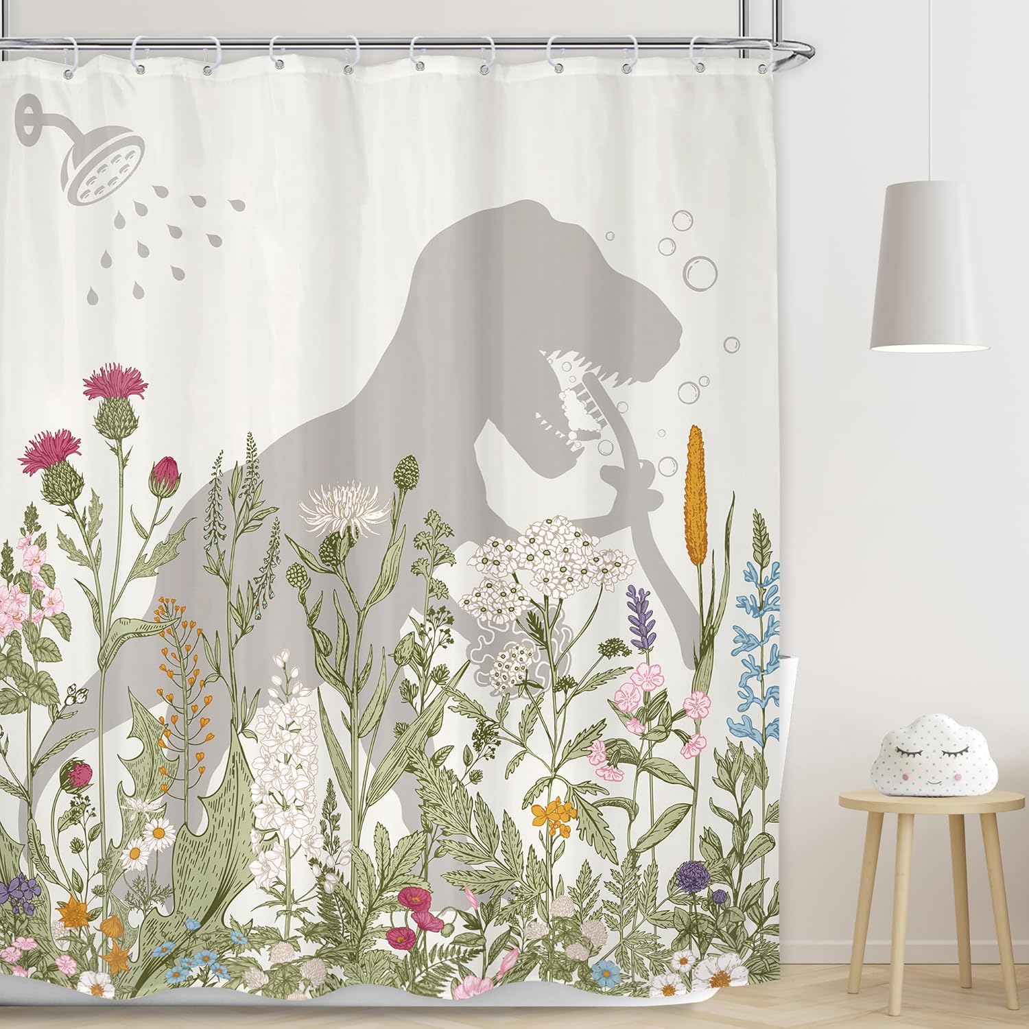 LGhtyro Dinosaur Wildflower Kids Shower Curtain 60Wx71H, Funny Dino Floral Botanical