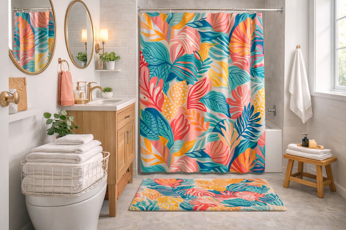 Stylish bathroom with elegant shower curtain showing how curtains can create a warm, inviting space