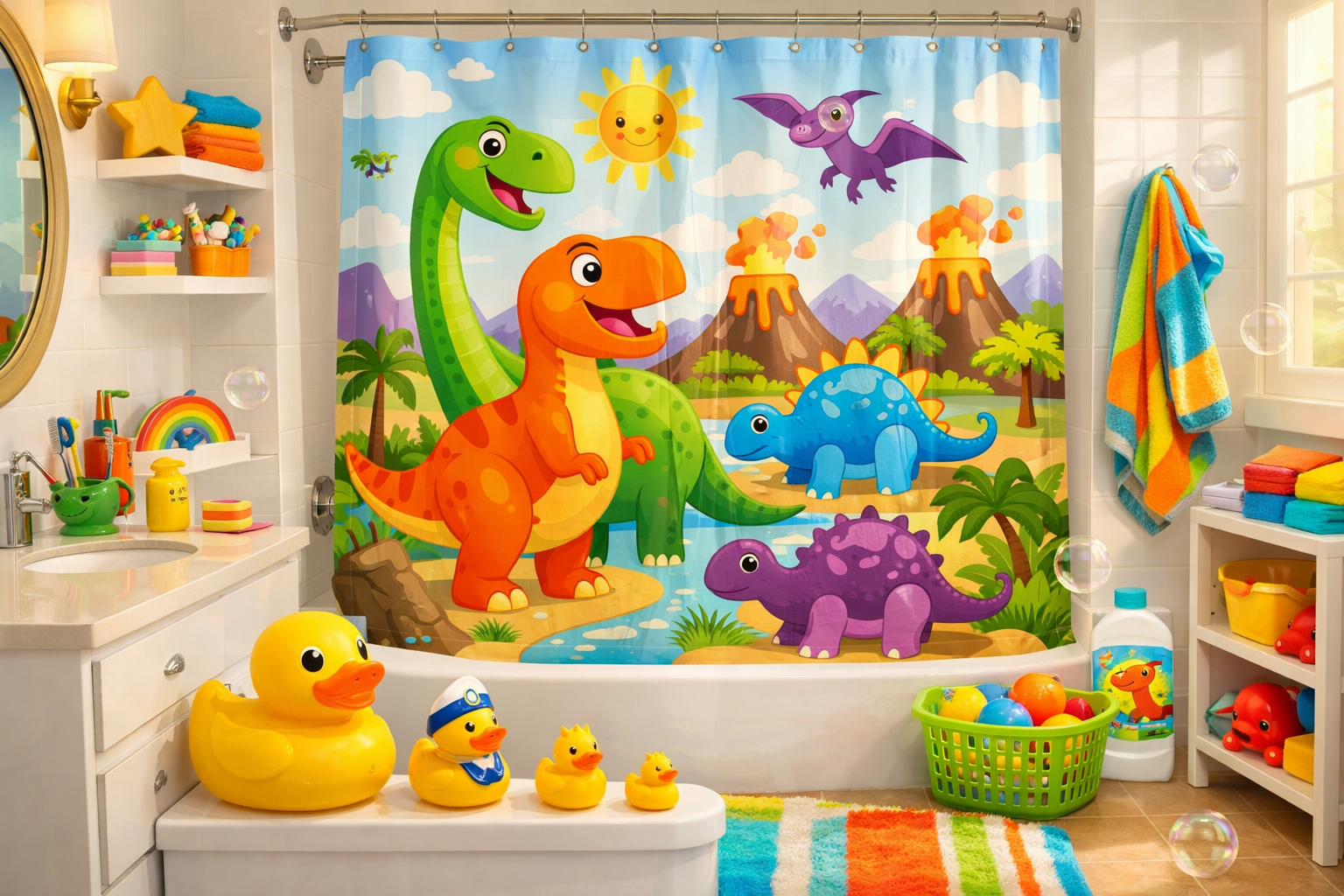 Best shower curtains for kids compared side by side featuring colorful dinosaur designs