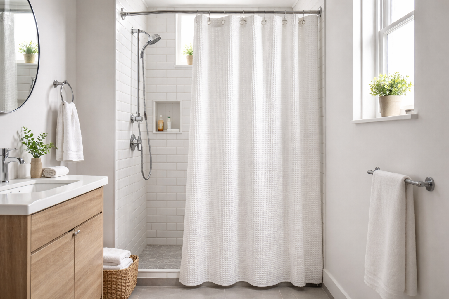 Small modern bathroom with white waffle weave shower curtain in compact shower stall