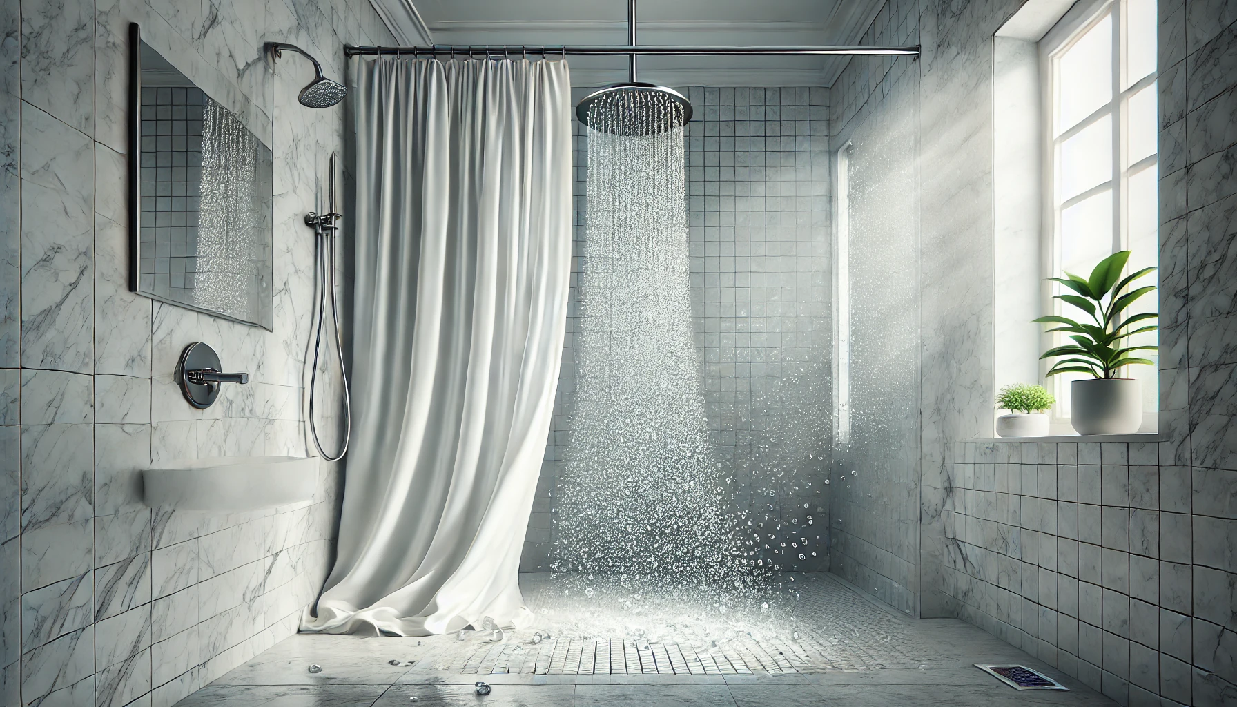 Collection of the best waterproof shower curtains displayed in a modern bathroom setting with water droplets demonstrating waterproof performance