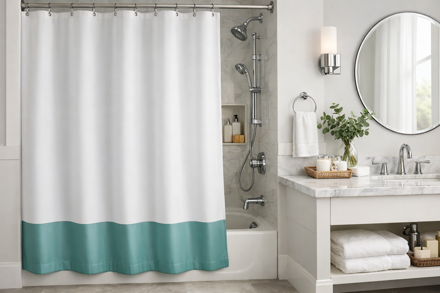 Best weighted shower curtains for 2026 displayed in a modern bathroom setting with weighted hem detail