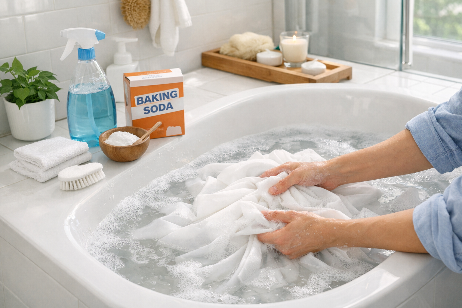 How to clean a shower curtain - cleaning supplies and a freshly washed shower curtain hanging to dry