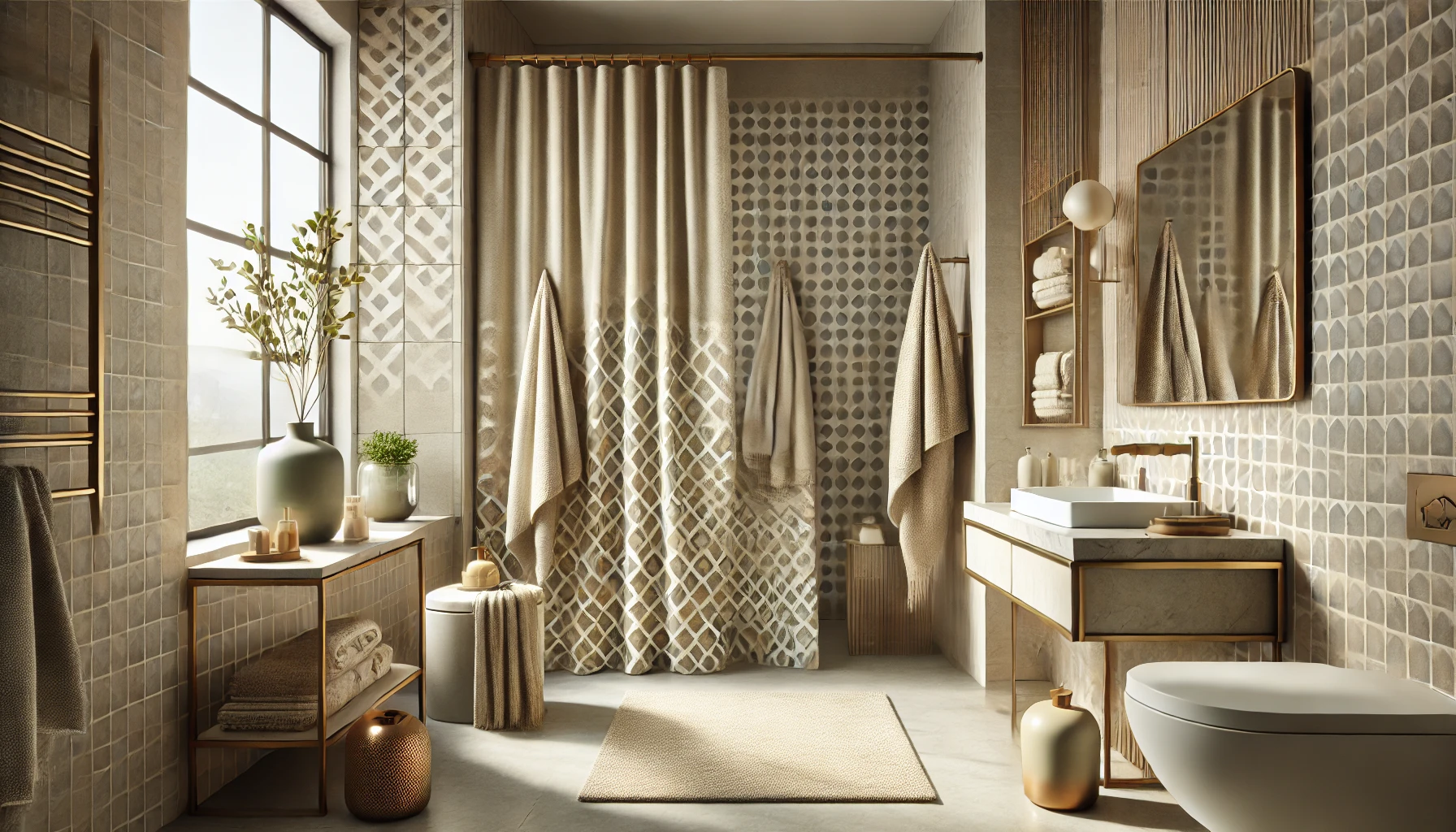 Stylish bathroom with coordinated shower curtain and decor elements